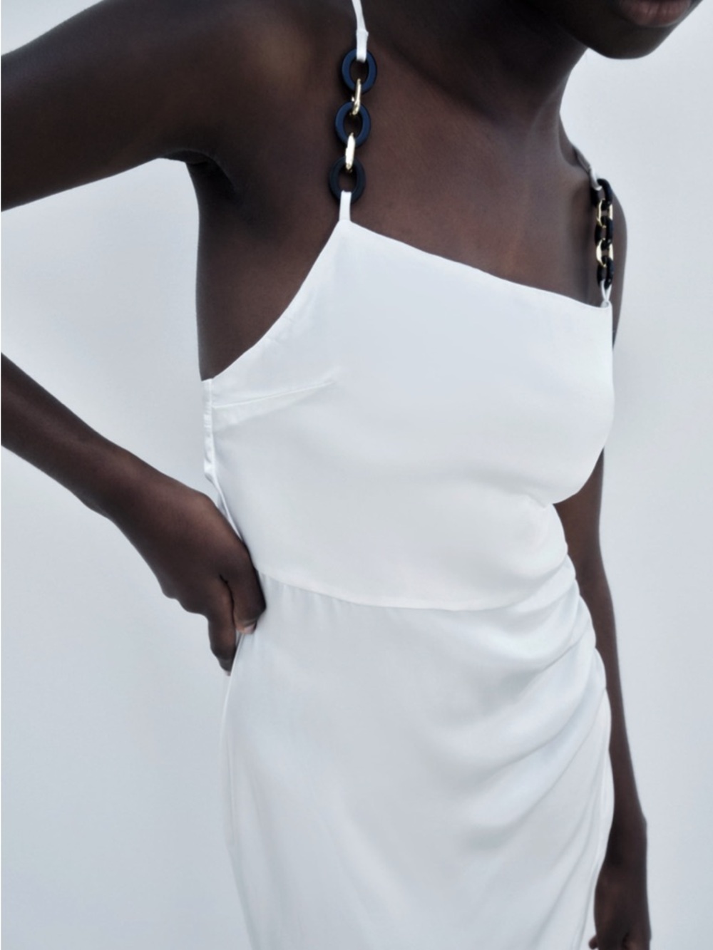 ZARA White Satin Slip Dress Chain Strap Midi Bridal Minimalist Size XS
